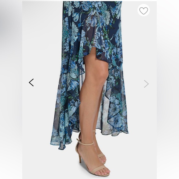 NWT Vince Camuto Sz 6 Womens Blue Floral Chiffon Halter Ruffle Drape Dress Gown! - Picture 3 of 16